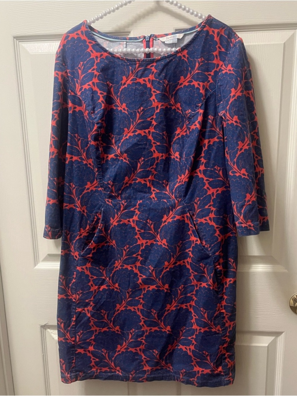 Boden Hannah Seam Detail Floral Sheath Corduroy Dress in Navy and Coral Size 12R